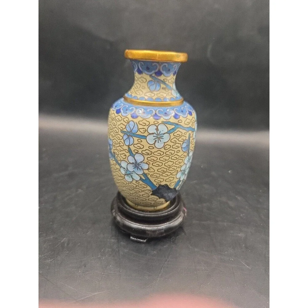 Vintage China Cloison Brass Cream & Blue Floral Cloisonné Enamel Vase Stand 5